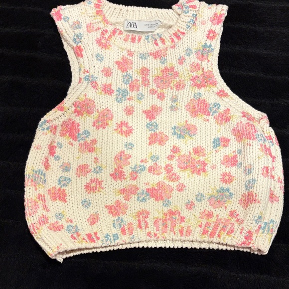 Zara Tops - Zara Cream Knit Top with Pink and Blue Floral Design